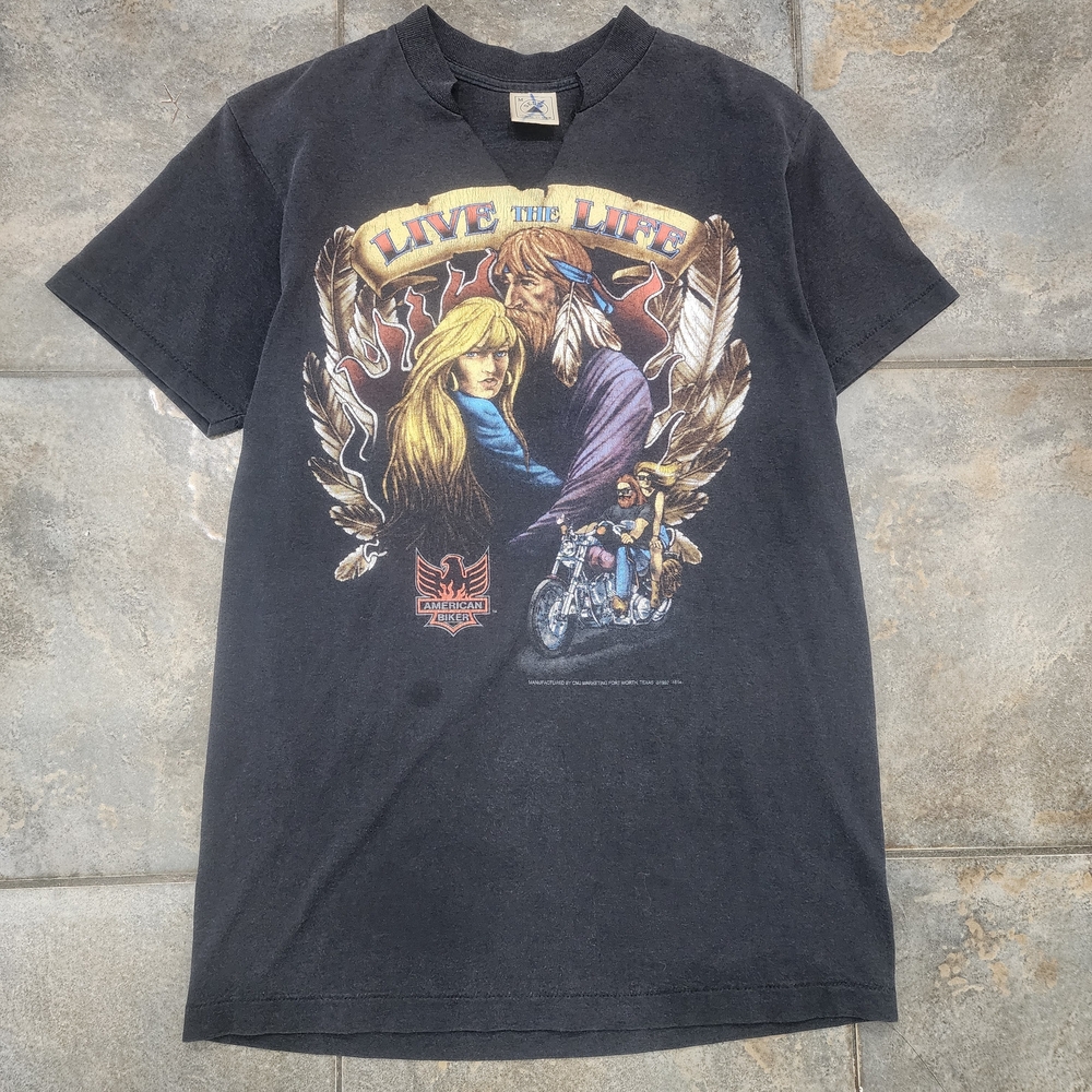 Vintage 1992 American Biker Men's Medium Live The Life 3D Emblem Style T Shirt